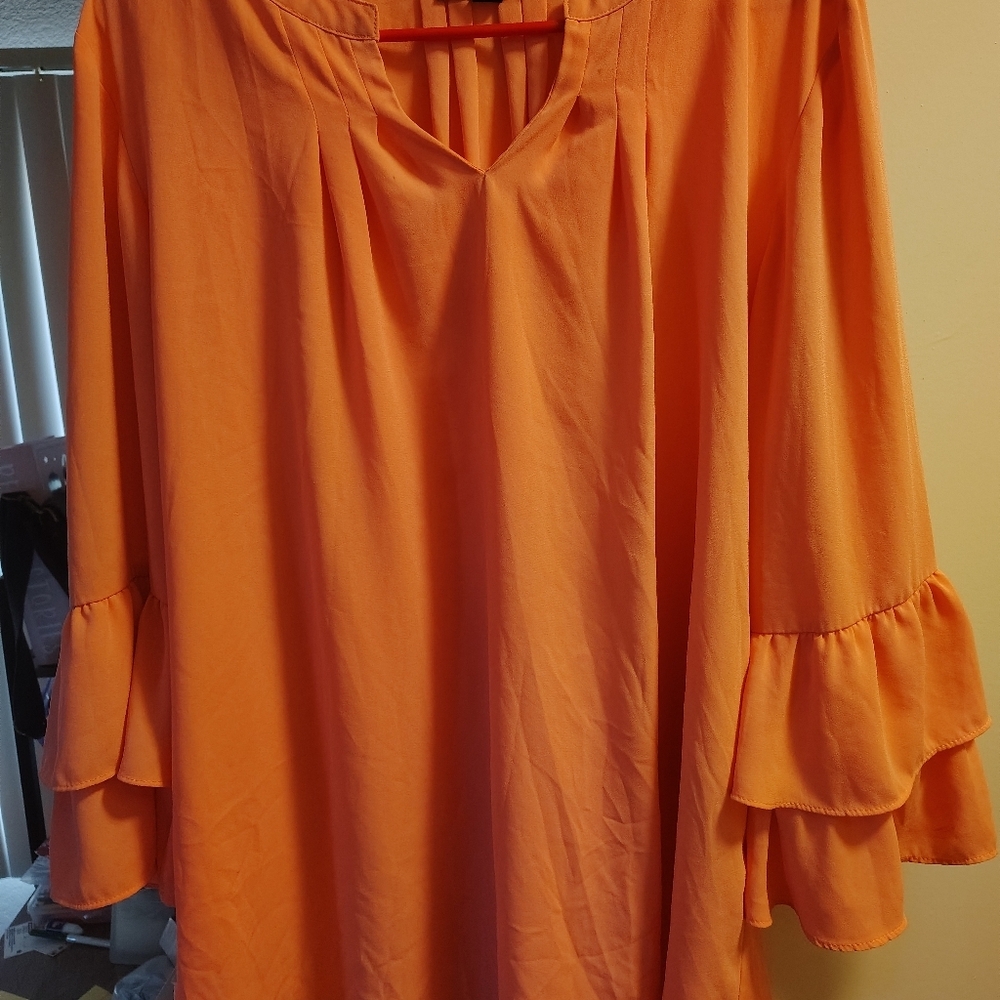 ROZ & ALI Orange top WITH WIMSICA layered sleeves pleats PLUS size 1X